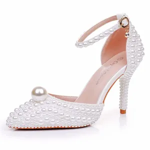 3.74" Closed Toe Wedding Shoes Pearl Bridal Shoes Prom Heels