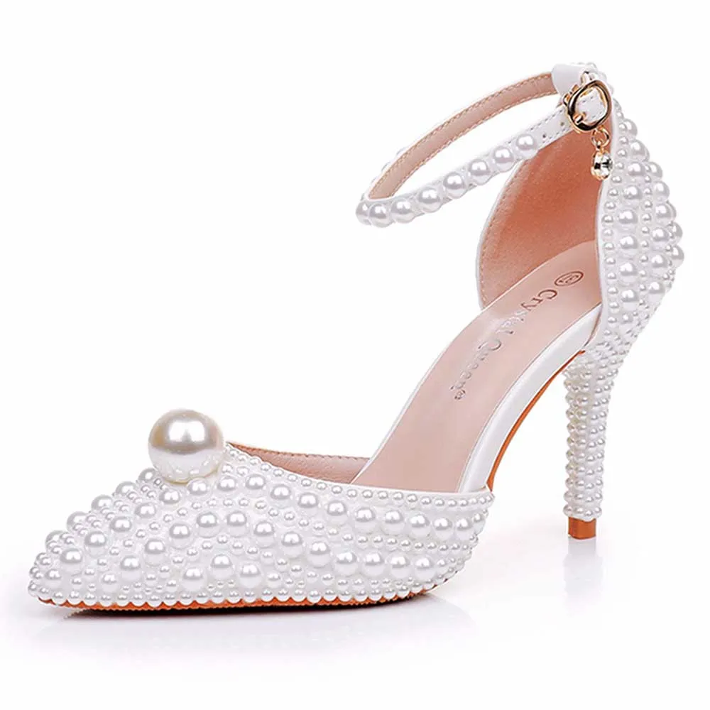 3.74" Closed Toe Wedding Shoes Pearl Bridal Shoes Prom Heels