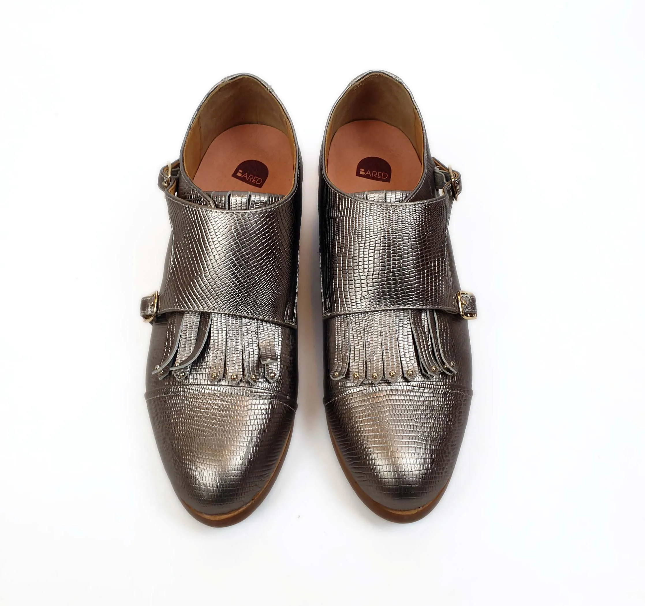 Bared pewter gold textured leather shoes with straps and tassle size 36