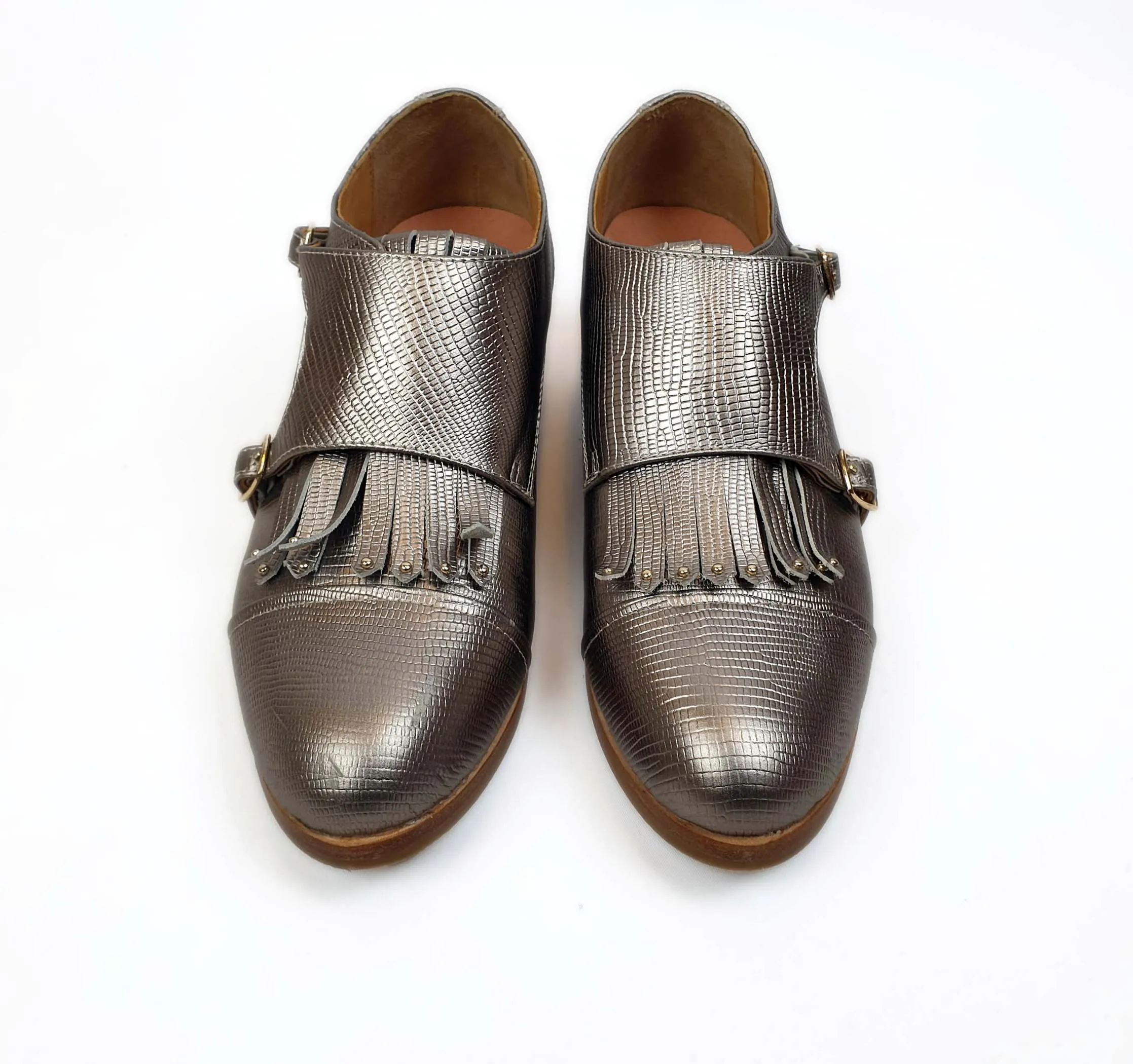 Bared pewter gold textured leather shoes with straps and tassle size 36