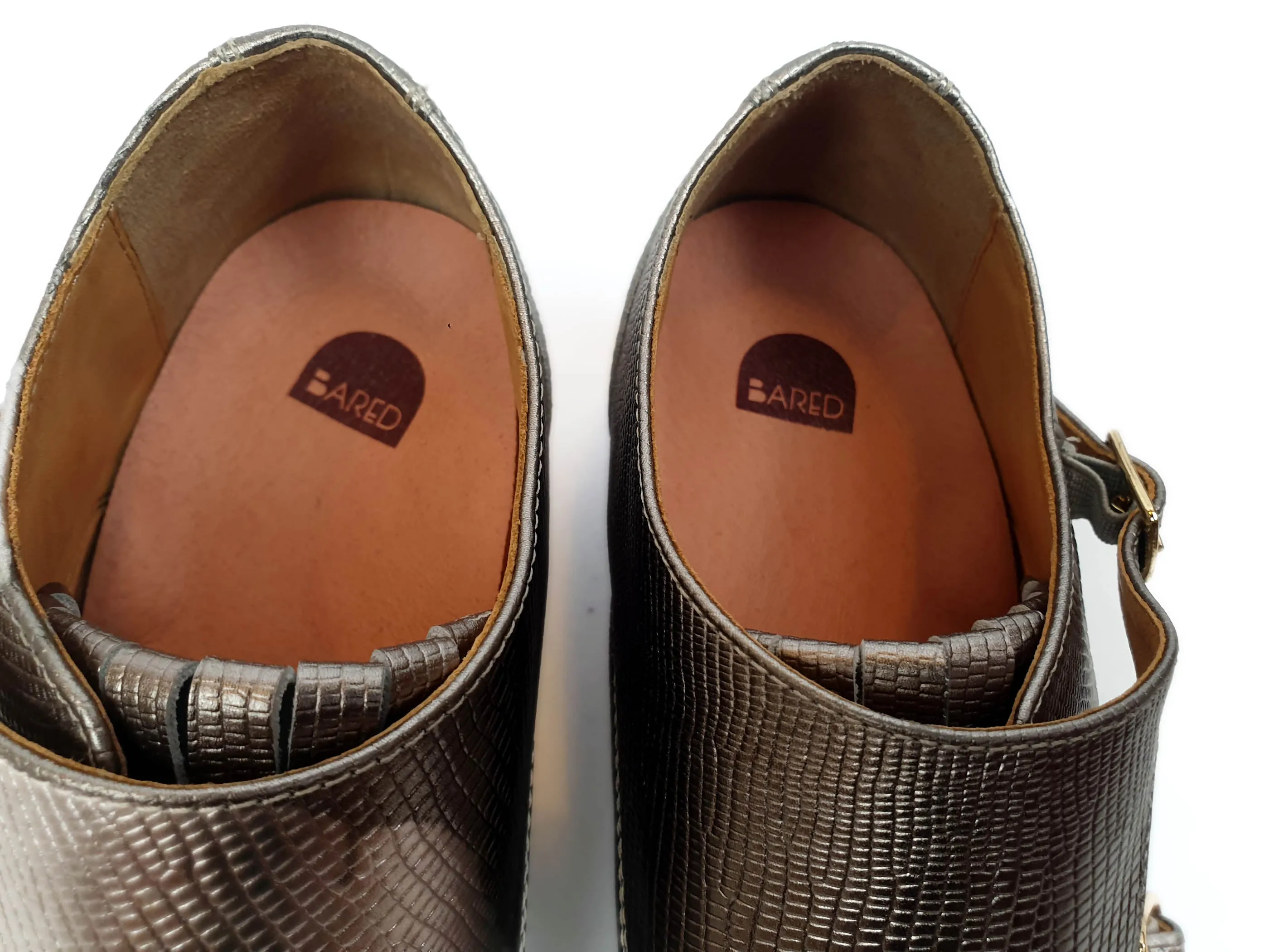 Bared pewter gold textured leather shoes with straps and tassle size 36