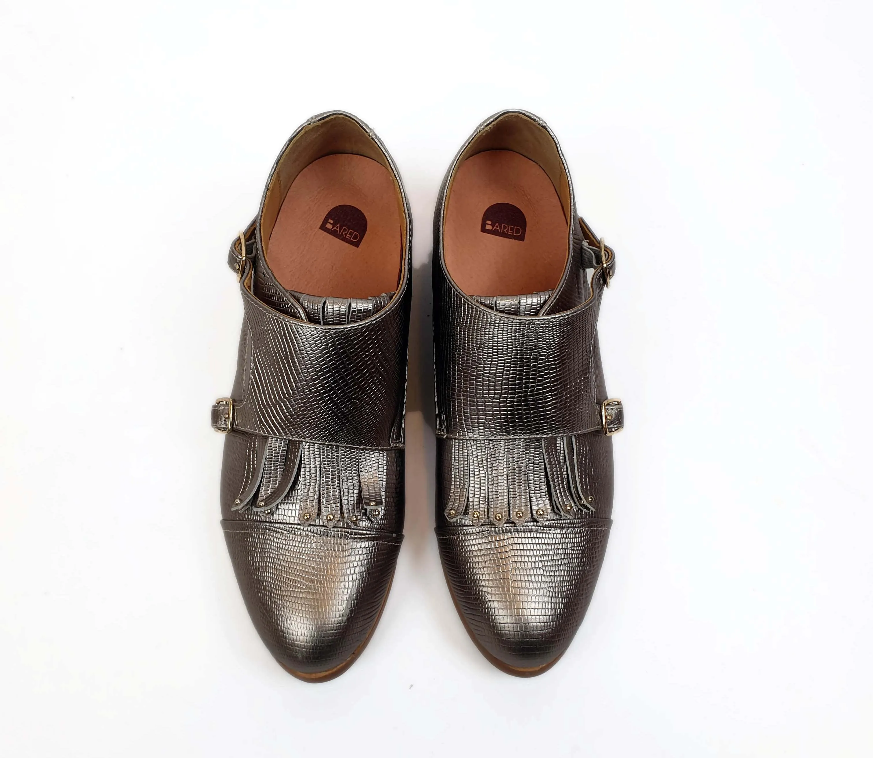 Bared pewter gold textured leather shoes with straps and tassle size 36
