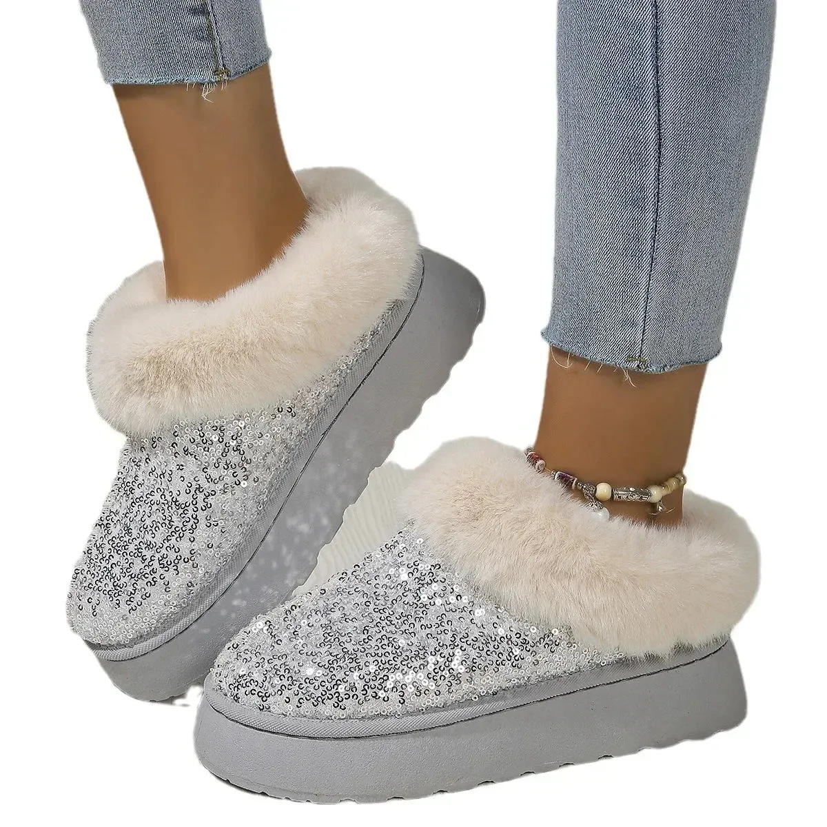 Bling Shiny Plush Warm Platform Slippers for Adults - Cozy Fur Slides with Rubber Outsole