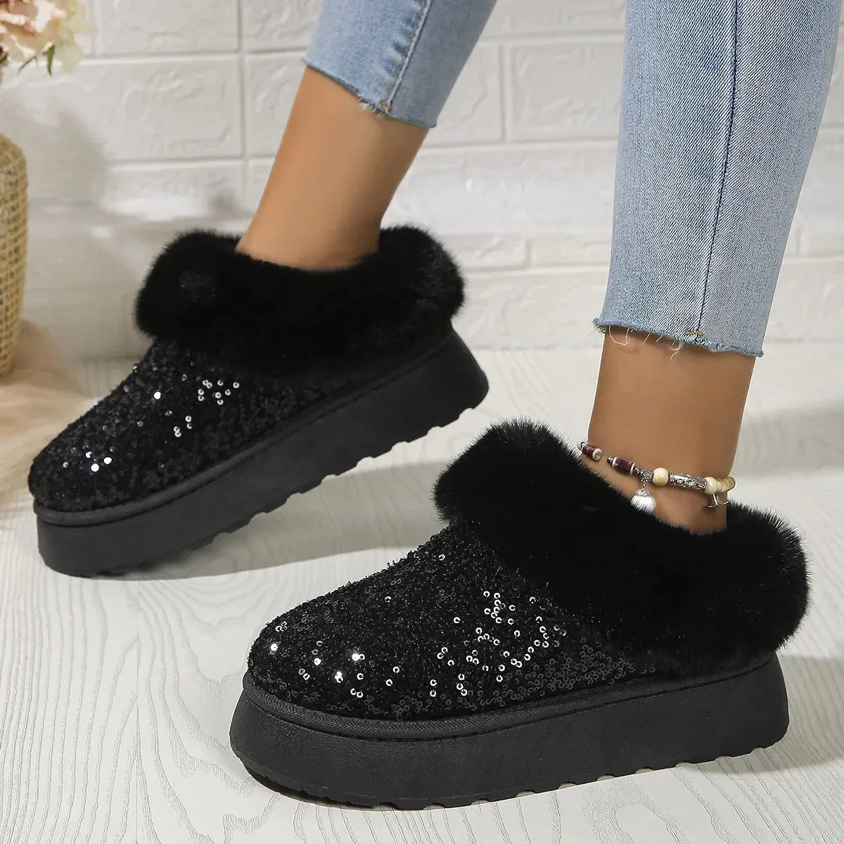 Bling Shiny Plush Warm Platform Slippers for Adults - Cozy Fur Slides with Rubber Outsole