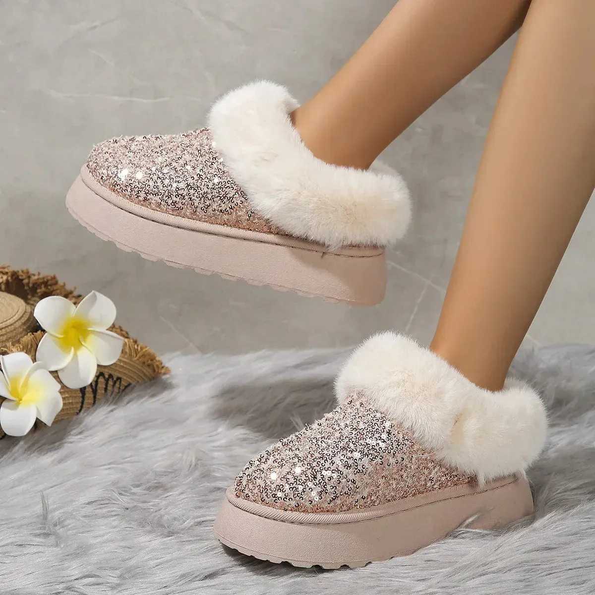Bling Shiny Plush Warm Platform Slippers for Adults - Cozy Fur Slides with Rubber Outsole