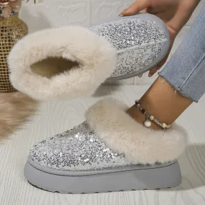 Bling Shiny Plush Warm Platform Slippers for Adults - Cozy Fur Slides with Rubber Outsole