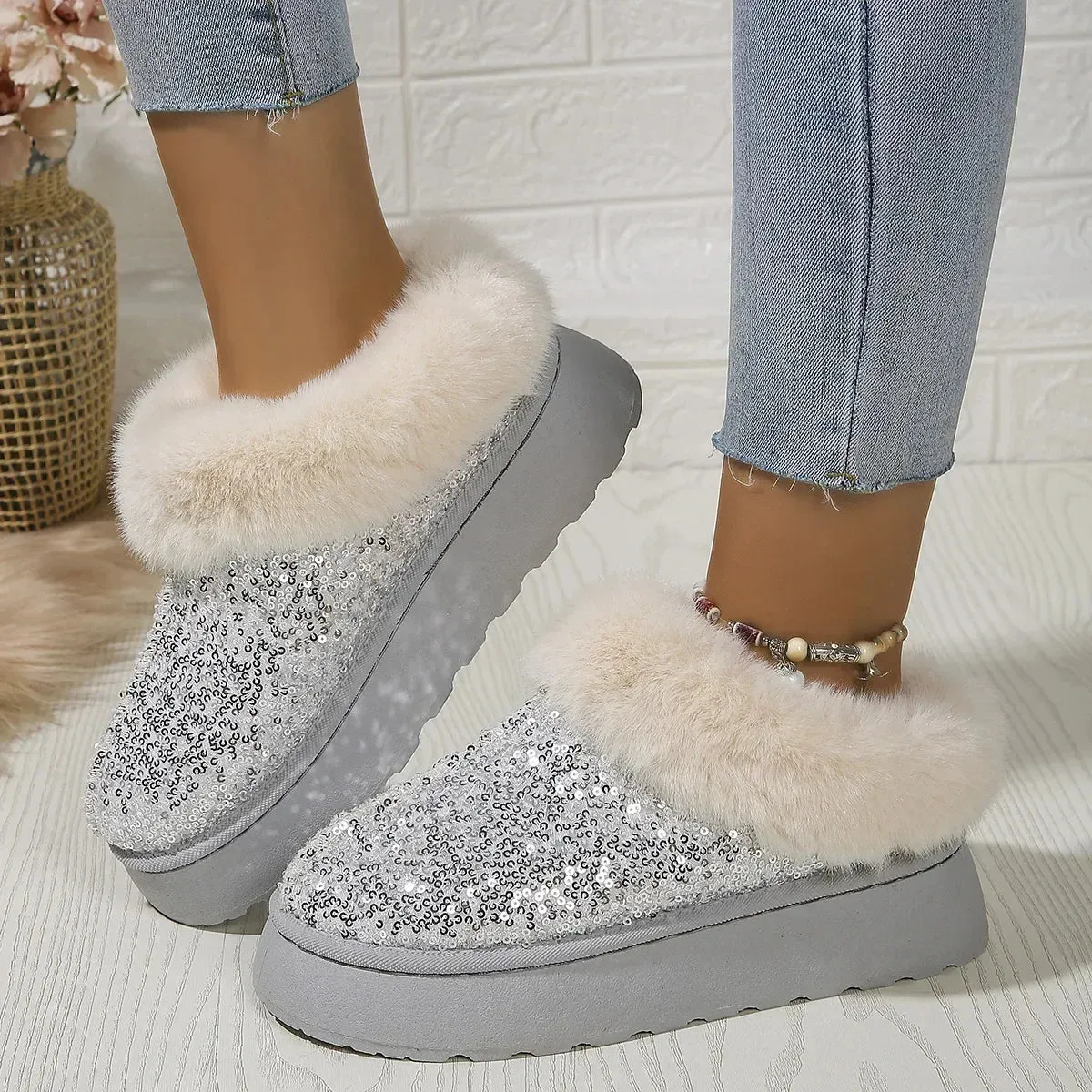 Bling Shiny Plush Warm Platform Slippers for Adults - Cozy Fur Slides with Rubber Outsole