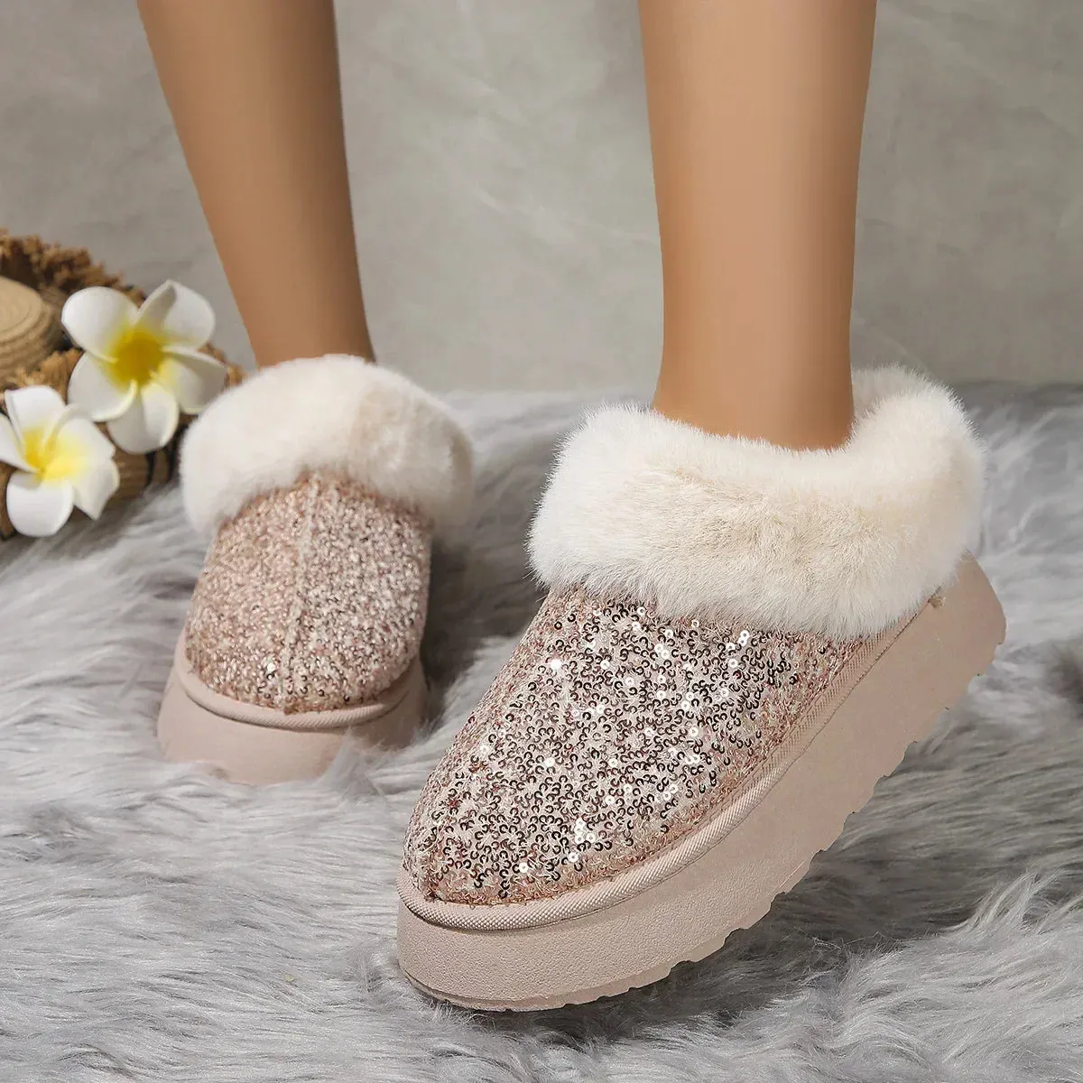 Bling Shiny Plush Warm Platform Slippers for Adults - Cozy Fur Slides with Rubber Outsole