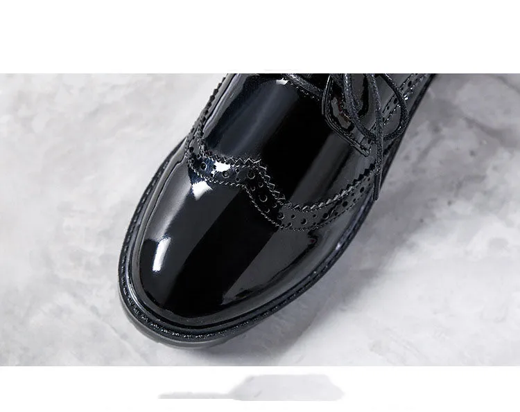 British Wind Boots Leather Shoes Women Autumn and Winter Patent Leather Single Shoes Bullock Tie College Work Shoes Black Small Shoes