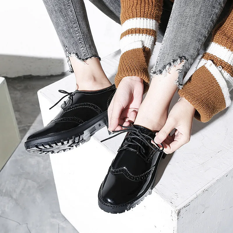 British Wind Boots Leather Shoes Women Autumn and Winter Patent Leather Single Shoes Bullock Tie College Work Shoes Black Small Shoes