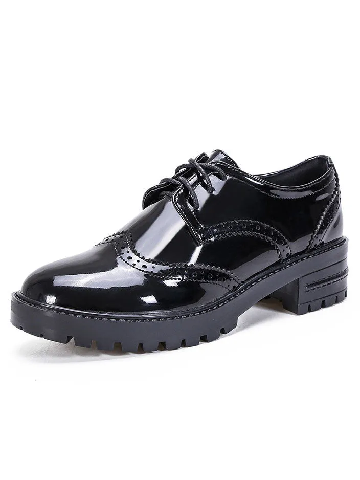 British Wind Boots Leather Shoes Women Autumn and Winter Patent Leather Single Shoes Bullock Tie College Work Shoes Black Small Shoes