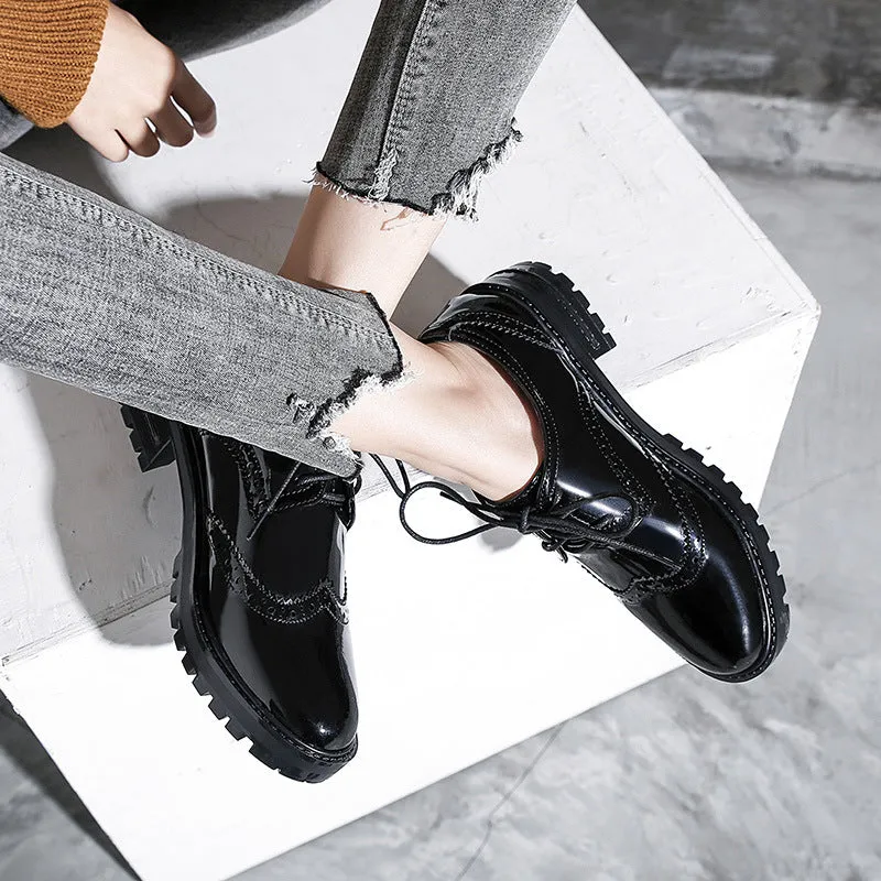 British Wind Boots Leather Shoes Women Autumn and Winter Patent Leather Single Shoes Bullock Tie College Work Shoes Black Small Shoes