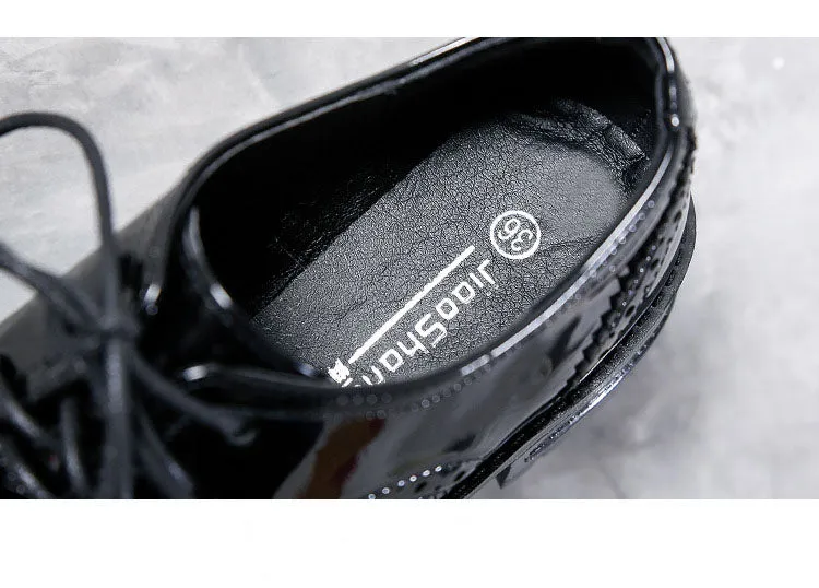 British Wind Boots Leather Shoes Women Autumn and Winter Patent Leather Single Shoes Bullock Tie College Work Shoes Black Small Shoes