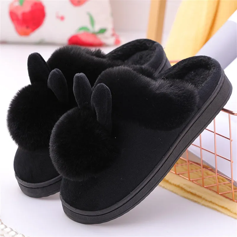 Bunny Ears Plush Ball Non-Slip Keep Warm Slippers for Women