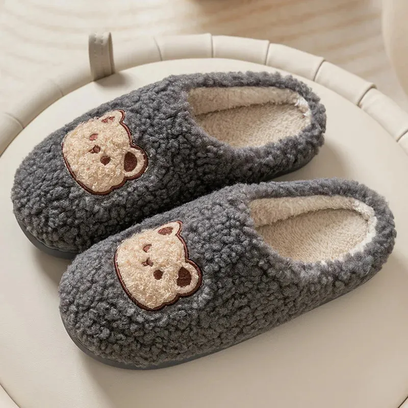 Cartoon Cute Bear Plush Slippers Warm Cotton Sherpa Antiskid Couples House Comfortable Shoes for Winter Autumn Half Bench Shoes