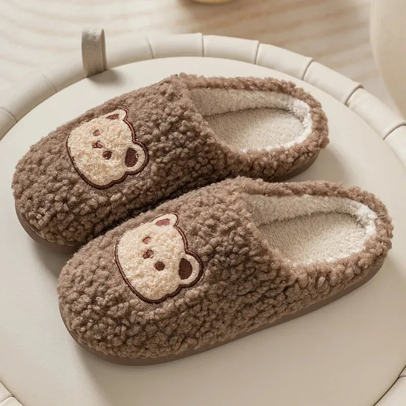 Cartoon Cute Bear Plush Slippers Warm Cotton Sherpa Antiskid Couples House Comfortable Shoes for Winter Autumn Half Bench Shoes