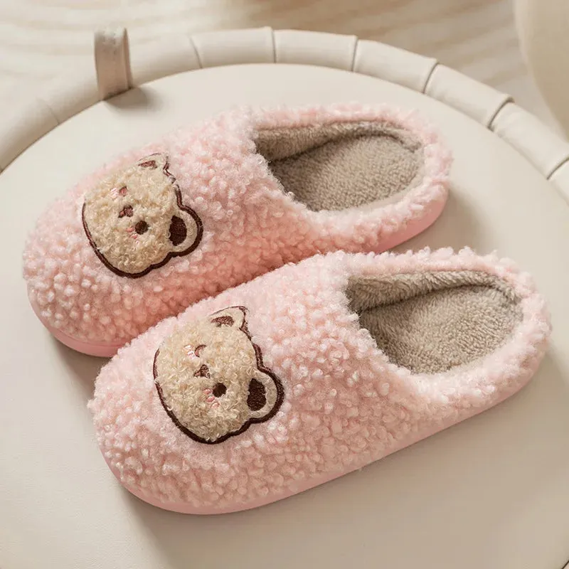 Cartoon Cute Bear Plush Slippers Warm Cotton Sherpa Antiskid Couples House Comfortable Shoes for Winter Autumn Half Bench Shoes
