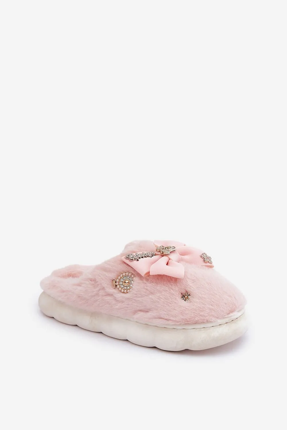 Charming buttons and a bow furry slipper