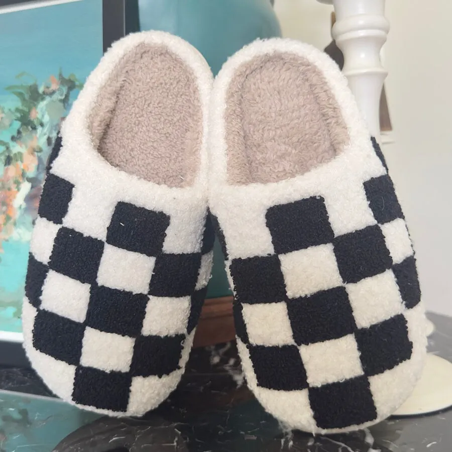 Checker Slippers, Retro Slippers, Fluffy Slippers, Gifts for Her, Y2K Slippers, Urban Slippers, Cozy Slippers, Warm Slippers, Retro Checker