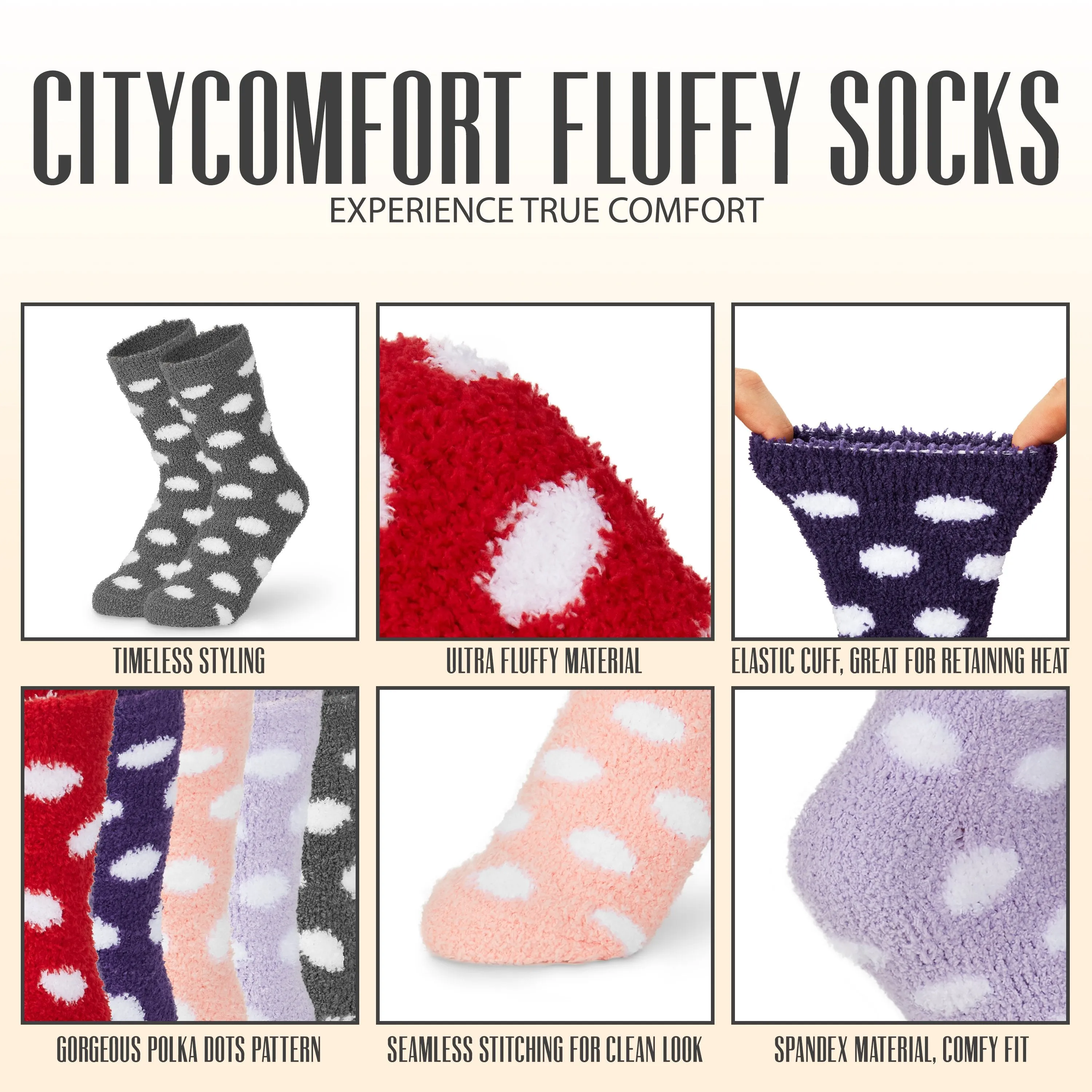 CityComfort Polka Dots Fluffy Socks, Women Warm Slipper Socks 5-Pack, Winter Gifts For Her
