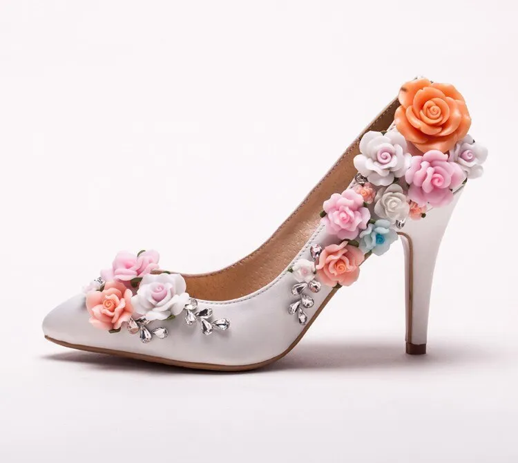 Custom Made White Satin Flower High Heel Lady shoes Elegant Bridal Wedding Shoes Pointed Toe Women Bridesmaid Shoes