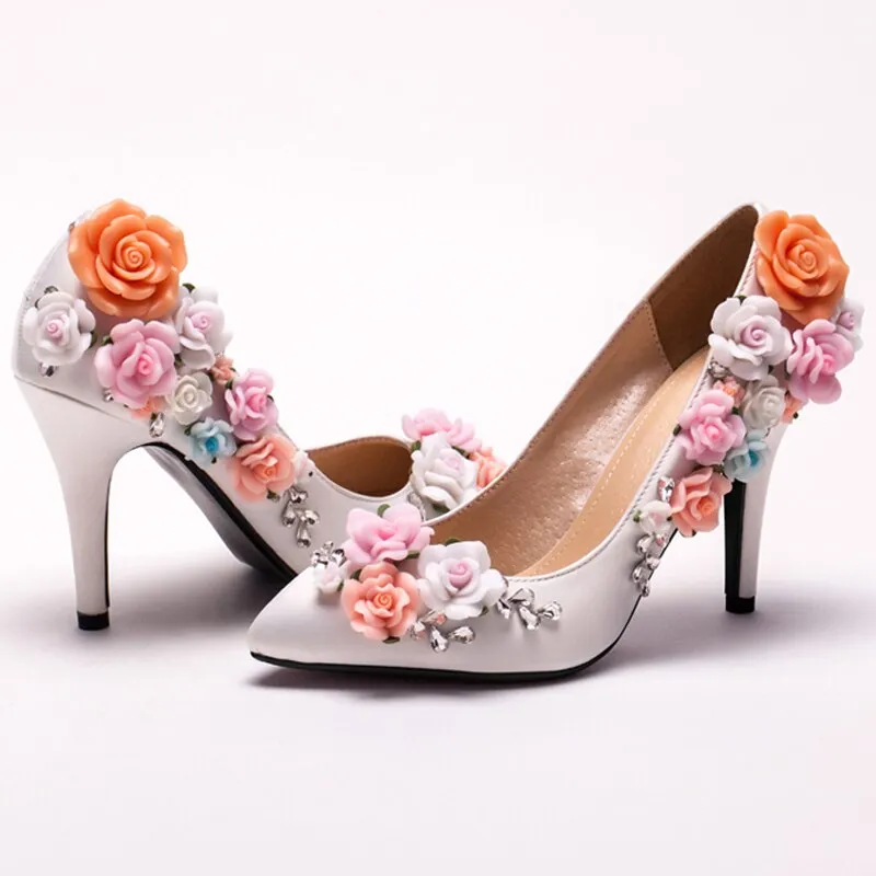 Custom Made White Satin Flower High Heel Lady shoes Elegant Bridal Wedding Shoes Pointed Toe Women Bridesmaid Shoes