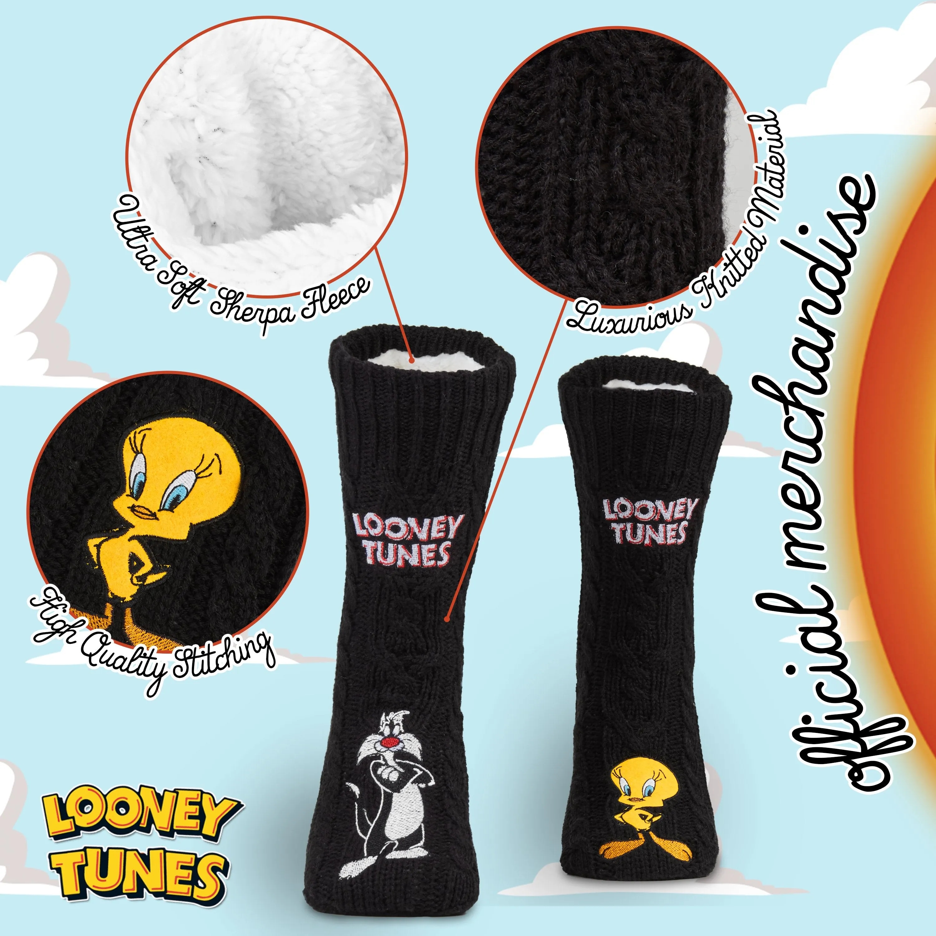 Looney Tunes Slipper Socks for Ladies Black, Funny Sylvester & Tweety Socks