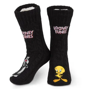 Looney Tunes Slipper Socks for Ladies Black, Funny Sylvester & Tweety Socks