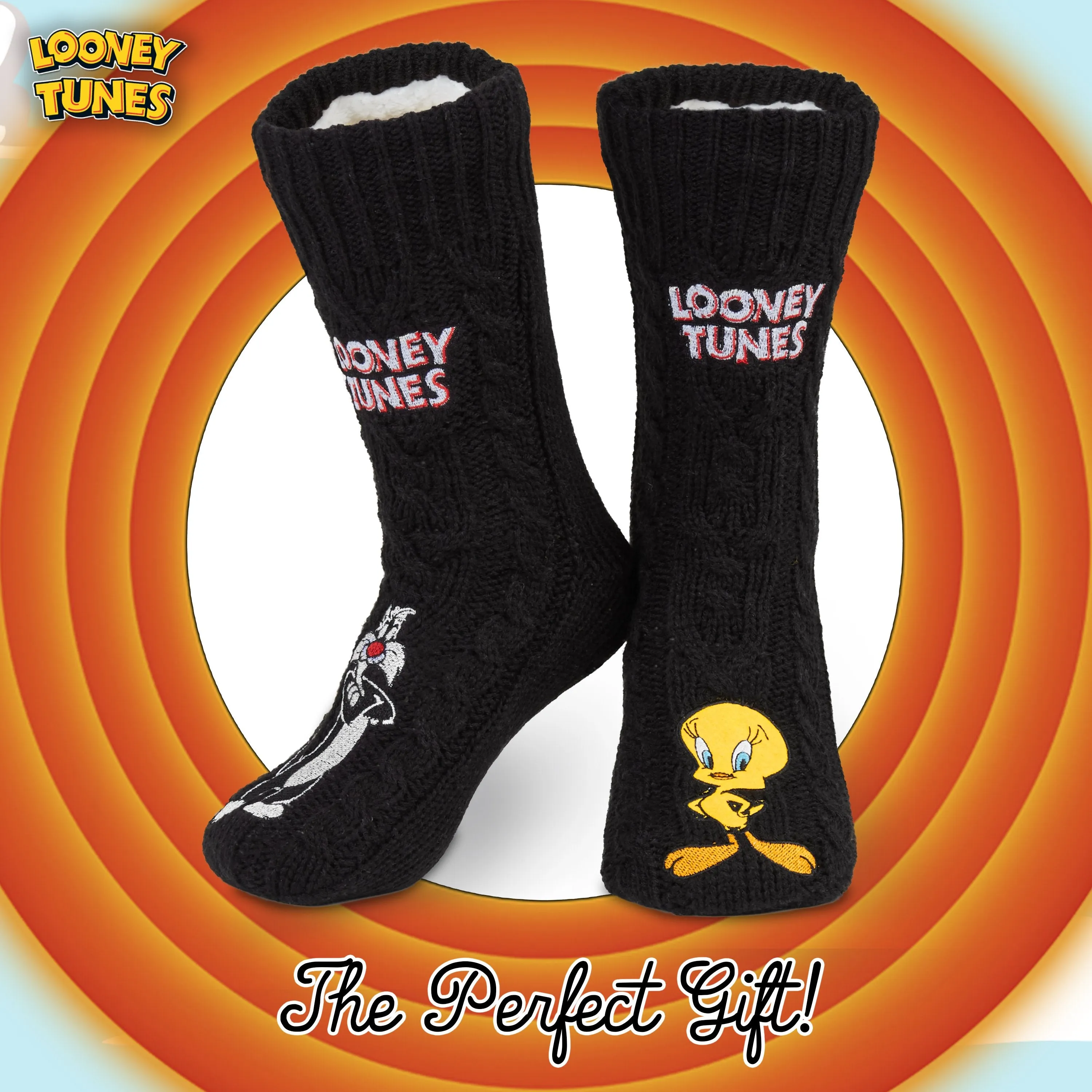 Looney Tunes Slipper Socks for Ladies Black, Funny Sylvester & Tweety Socks
