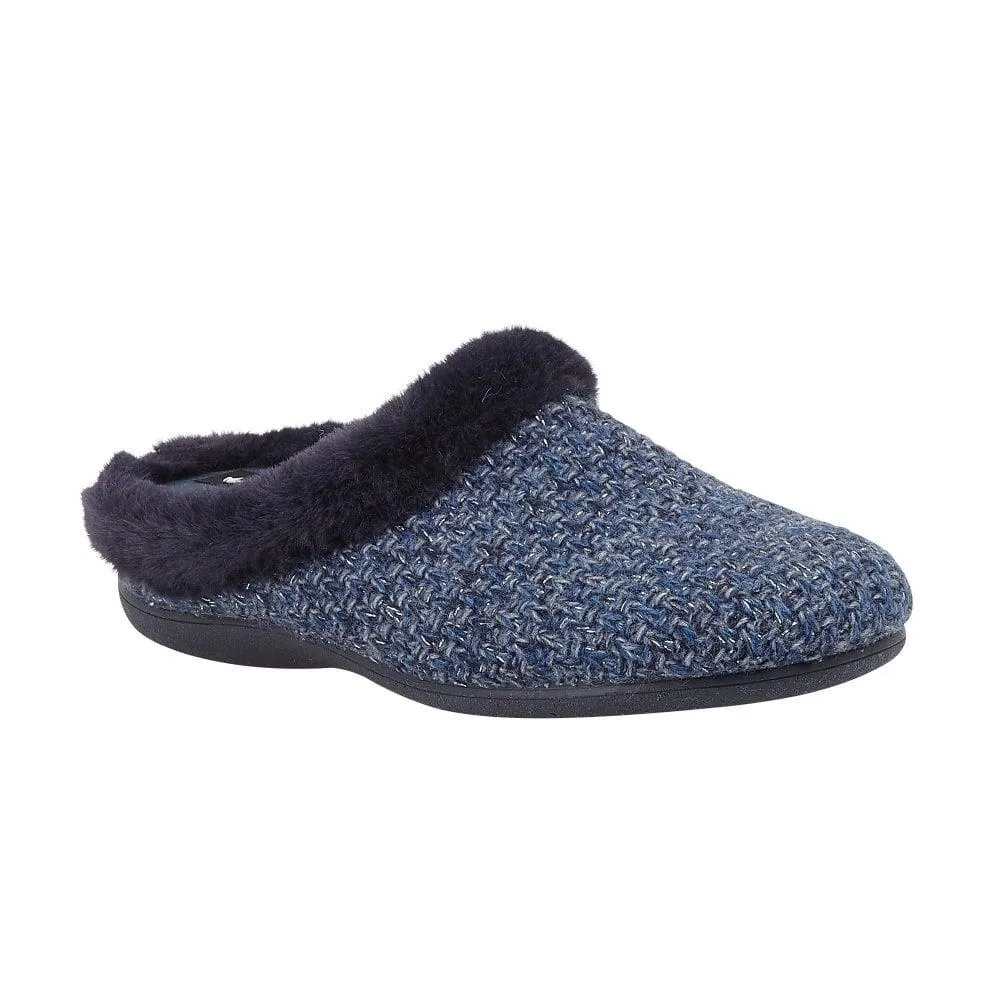 Lotus Ladies Ada Navy Faux Fur Textured Knit Slip On Mule Slippers