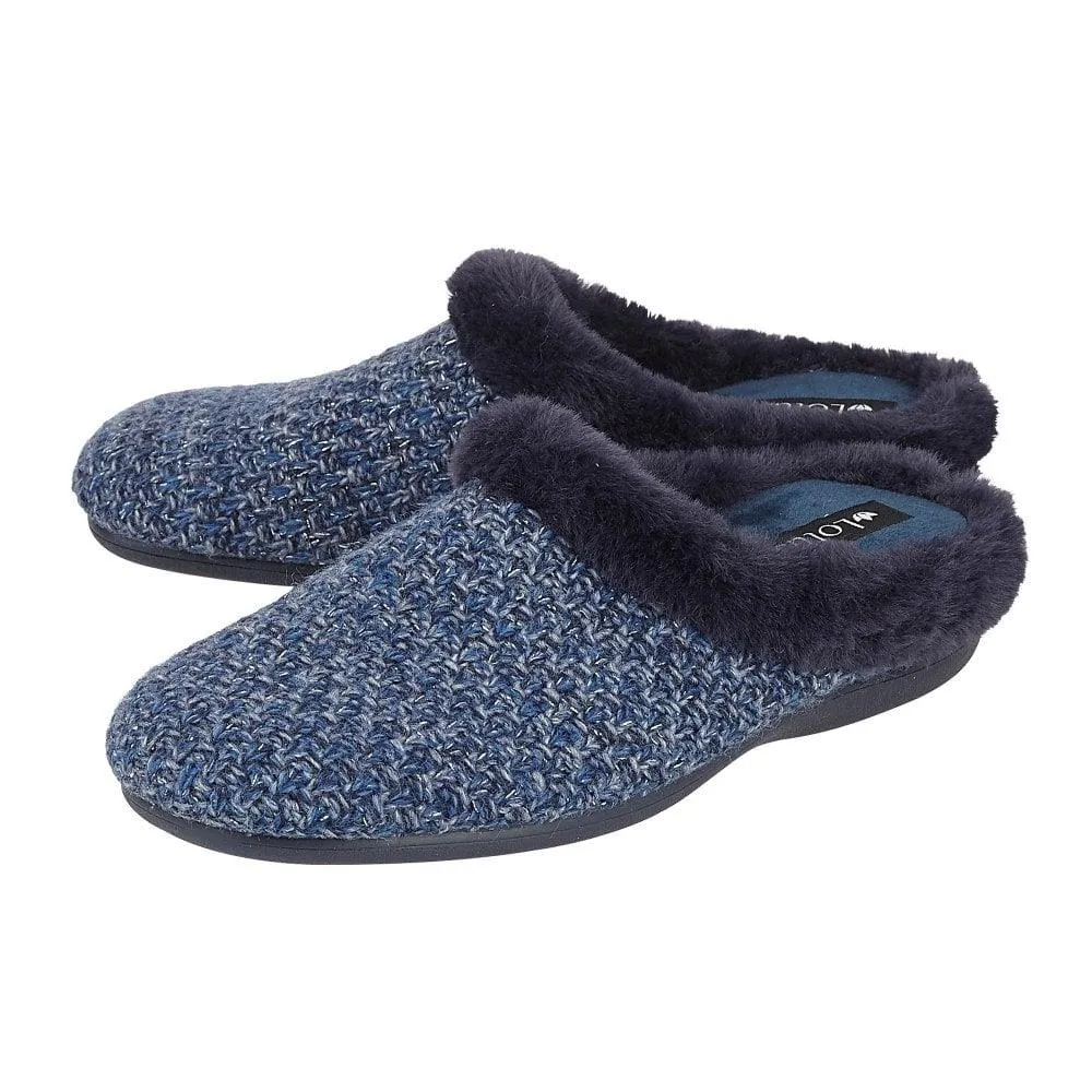 Lotus Ladies Ada Navy Faux Fur Textured Knit Slip On Mule Slippers