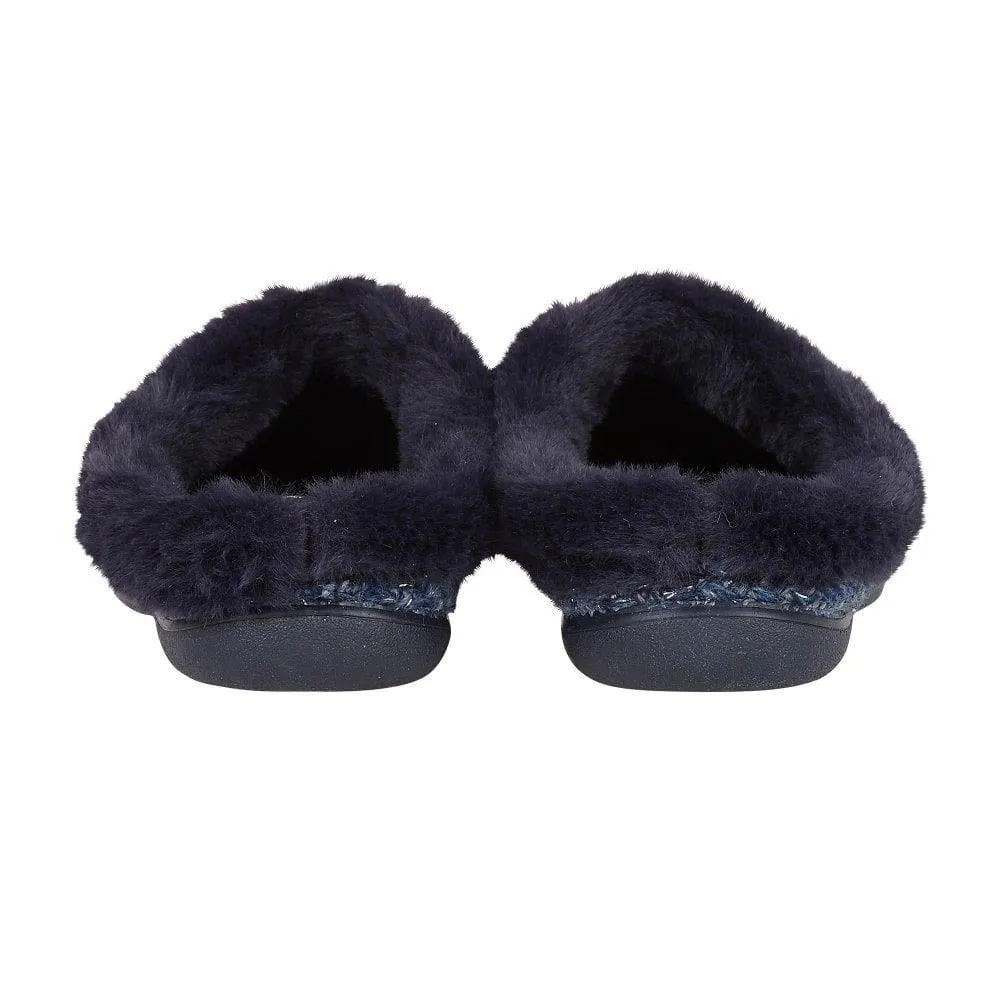Lotus Ladies Ada Navy Faux Fur Textured Knit Slip On Mule Slippers