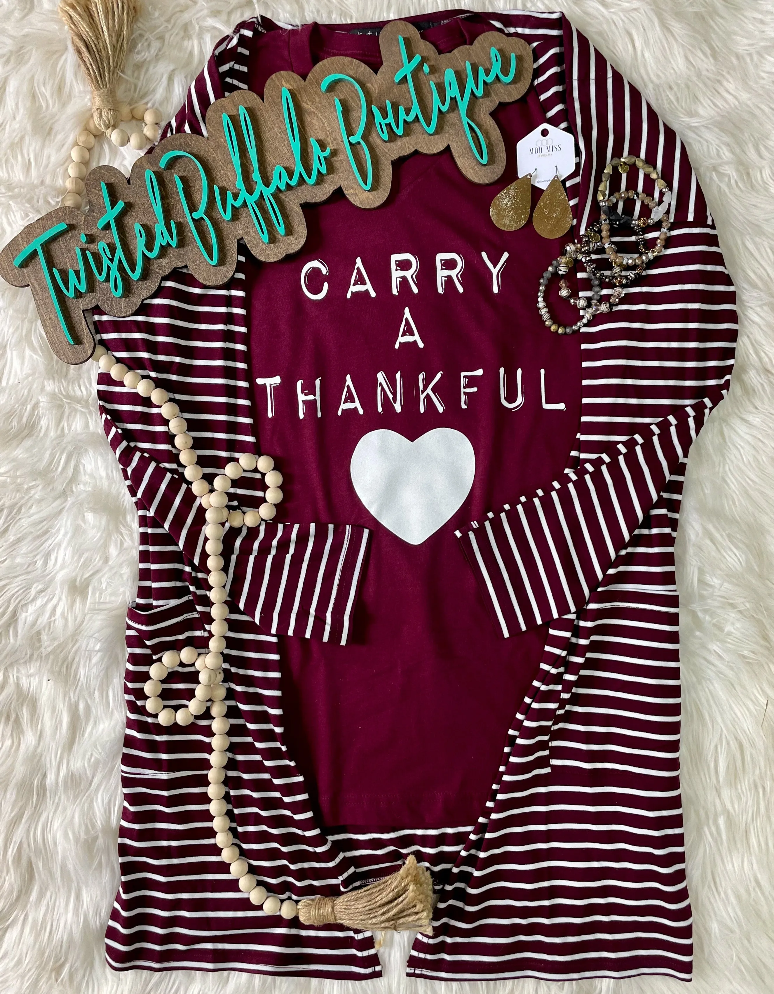 {MAROON} Maroon   White Striped Solid Pocket Cardigan
