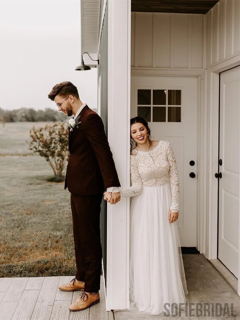 Modest A-line Full Lace Sleeves Backless Long Tulle Wedding Dresses, WD0468