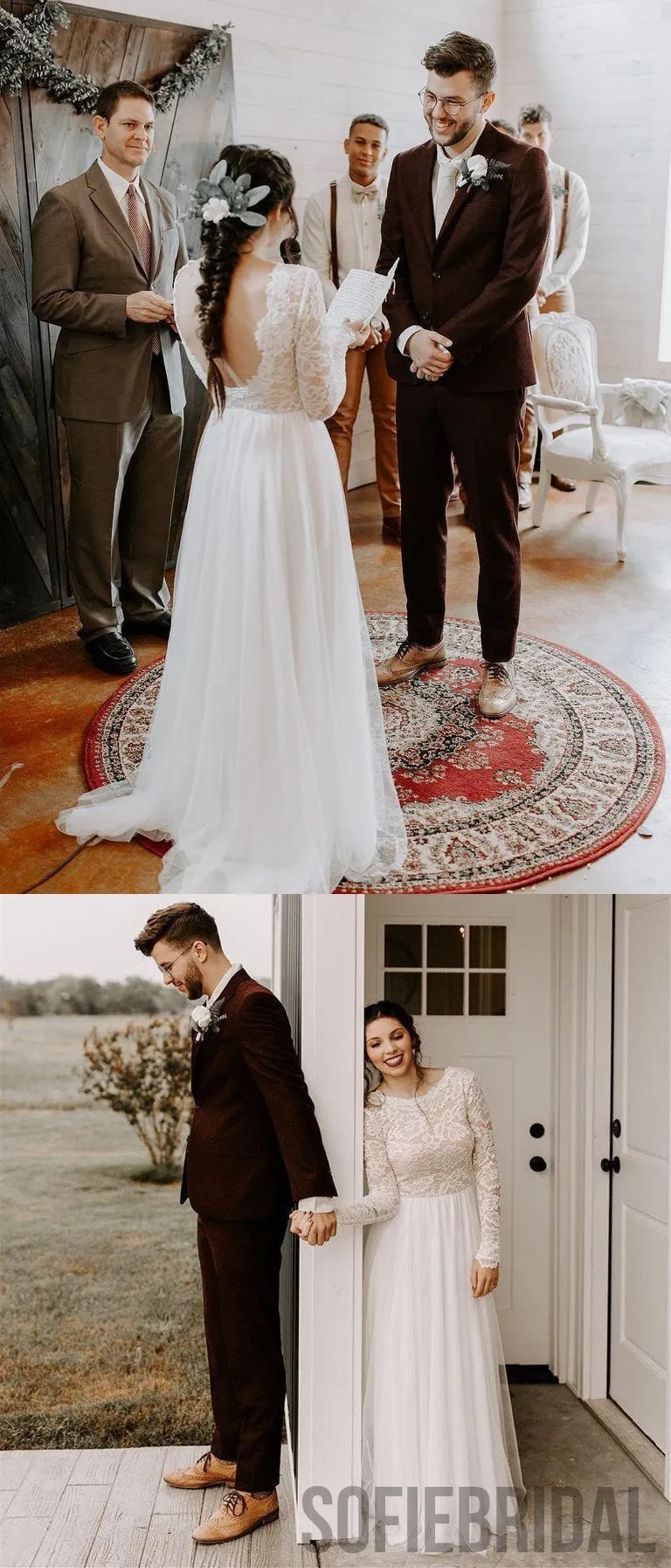 Modest A-line Full Lace Sleeves Backless Long Tulle Wedding Dresses, WD0468