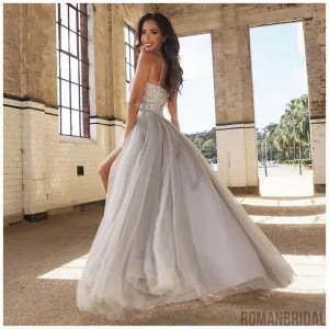 New A-line Floor-length Sexy Silver Spaghetti Straps Beaded Side Split long Prom Dress, PD0512