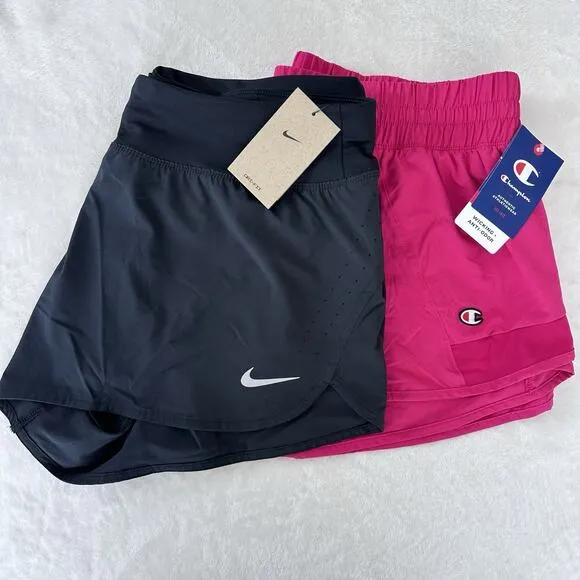Nike And Champion Running Shorts Lot Womens XXL Dri Fit Eclipse Lined Pink Black