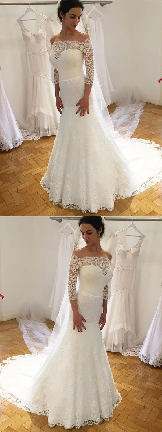 Off-shoulder Sheath 3/4 Sleeves Lace Wedding Dresses With Sweep Train, WD0431