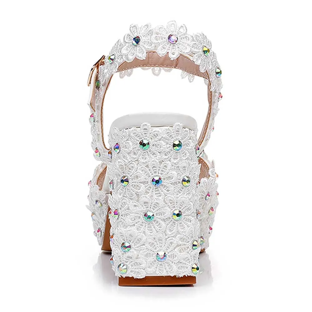 Platform Wedding Shoes Flower Appliqued Block Heeled Bridal Shoes Event Sandals