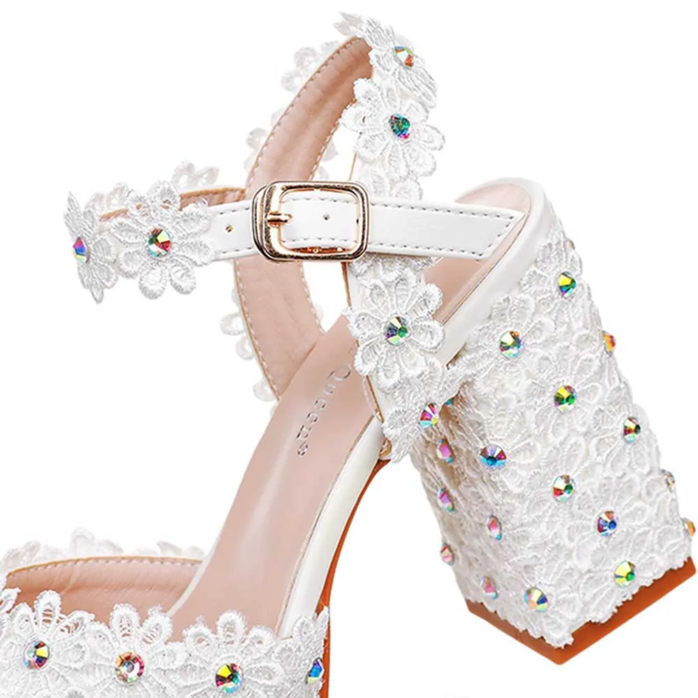 Platform Wedding Shoes Flower Appliqued Block Heeled Bridal Shoes Event Sandals