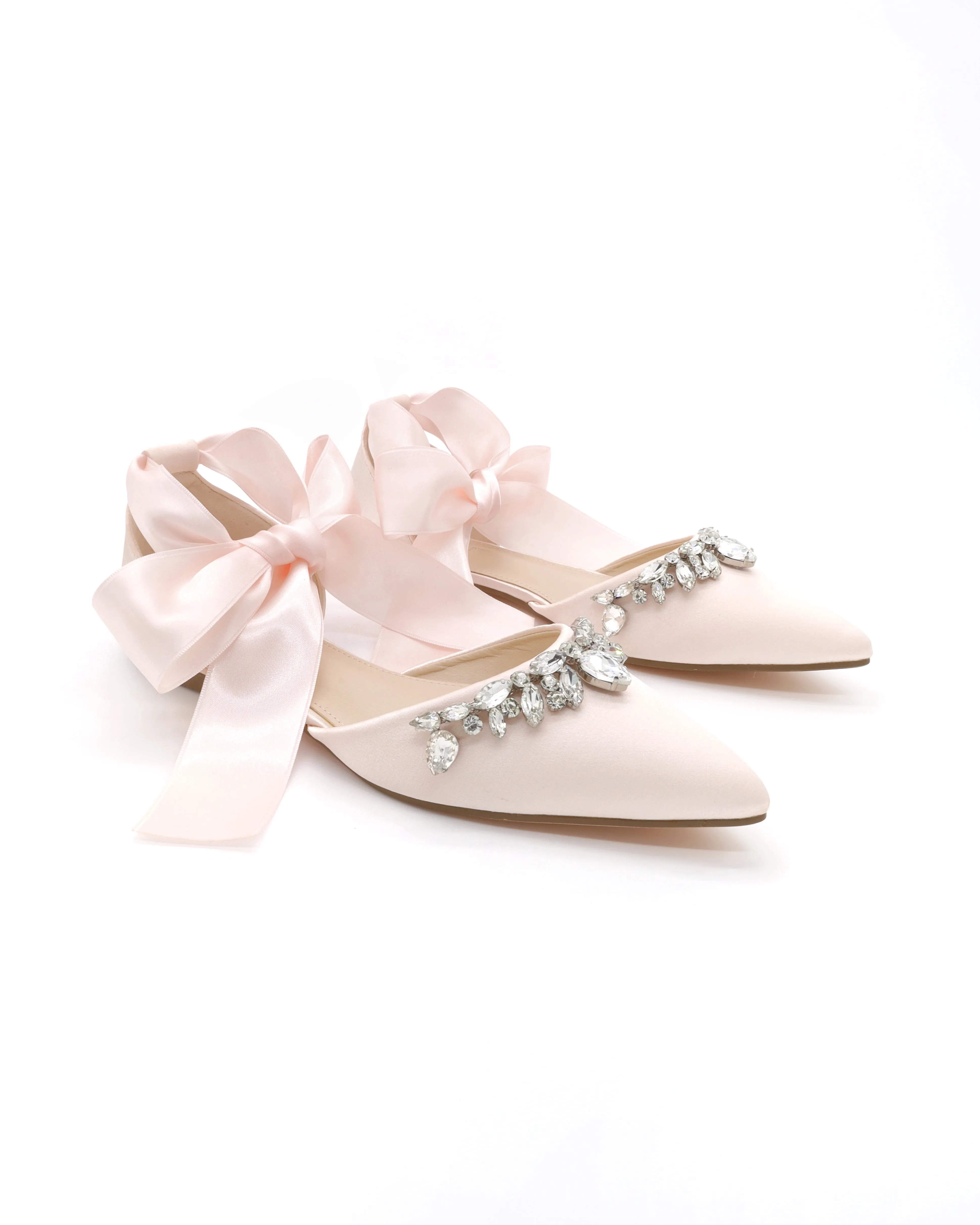 Satin Pointy Toe Flats with Teardrop Rhinestones Embellishments