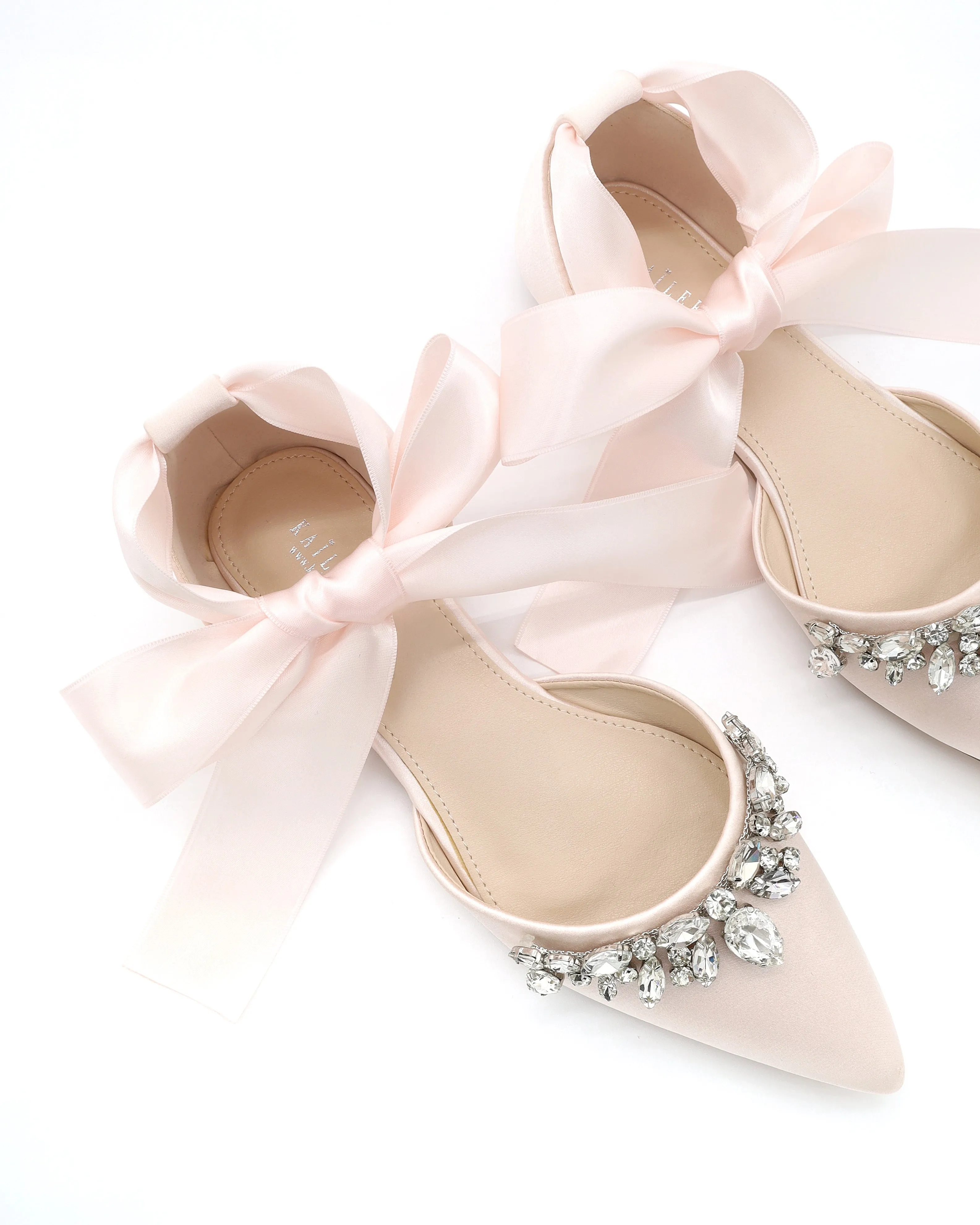 Satin Pointy Toe Flats with Teardrop Rhinestones Embellishments