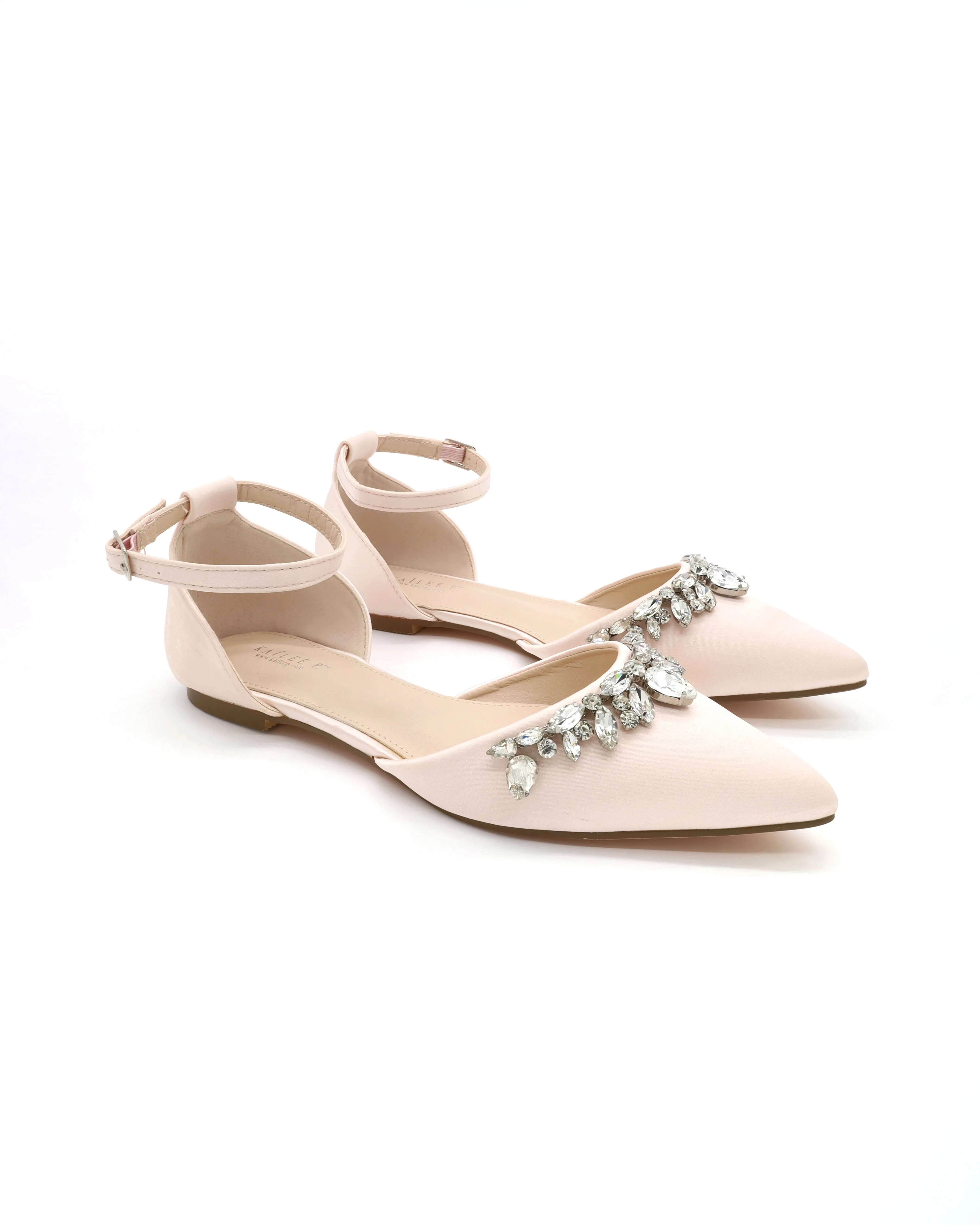 Satin Pointy Toe Flats with Teardrop Rhinestones Embellishments