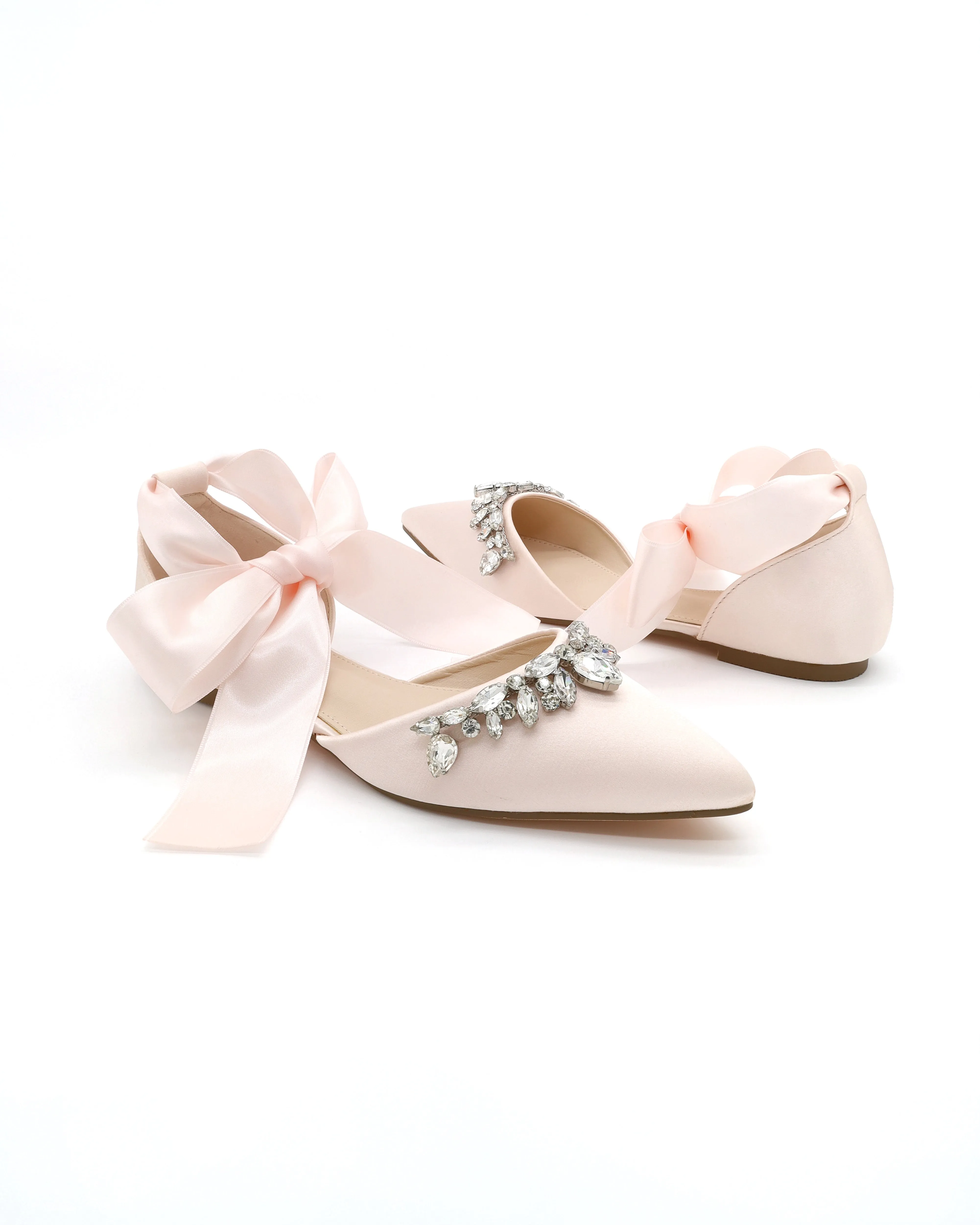 Satin Pointy Toe Flats with Teardrop Rhinestones Embellishments