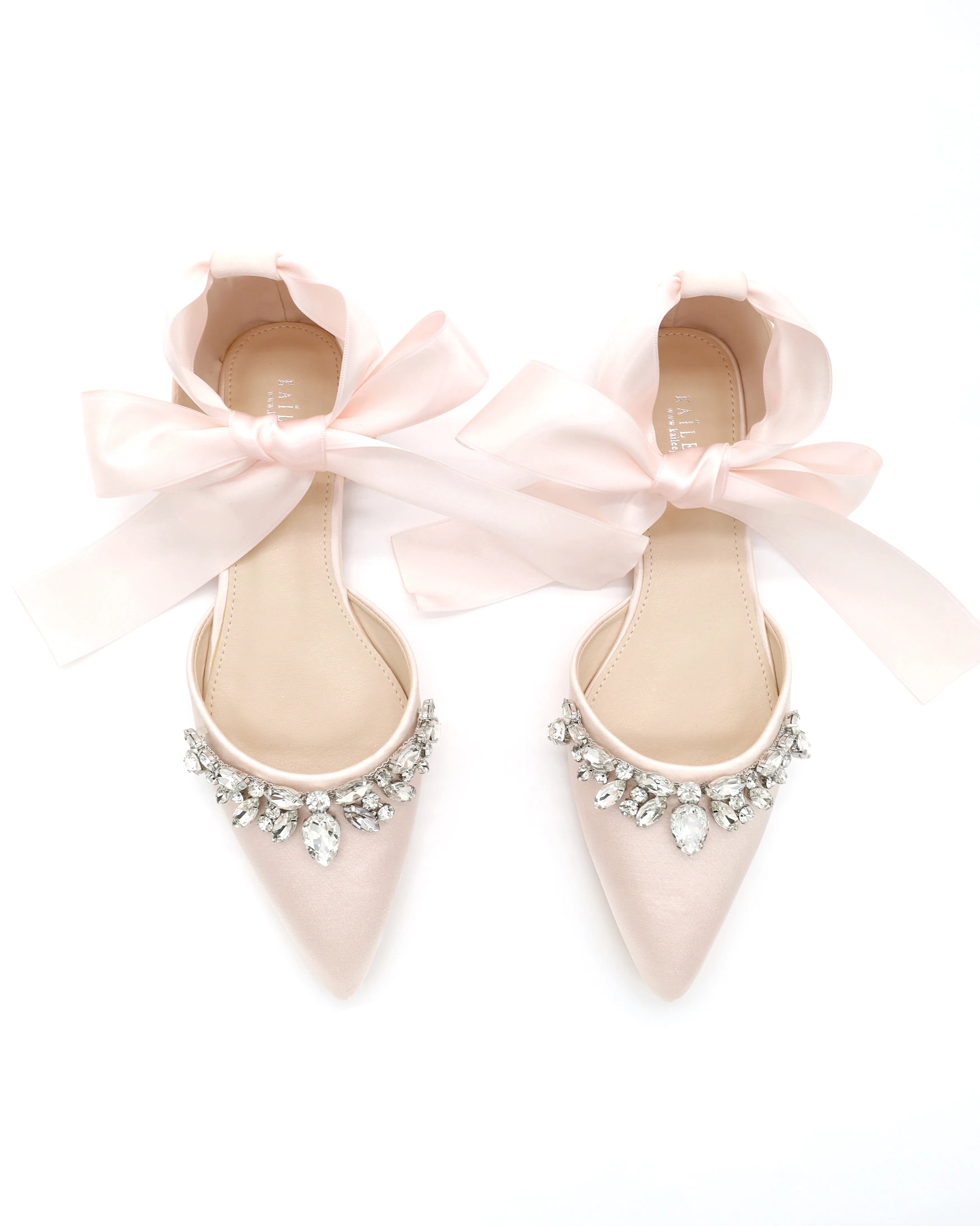 Satin Pointy Toe Flats with Teardrop Rhinestones Embellishments