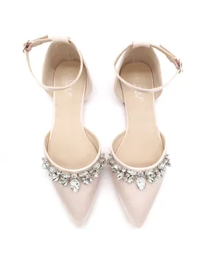 Satin Pointy Toe Flats with Teardrop Rhinestones Embellishments