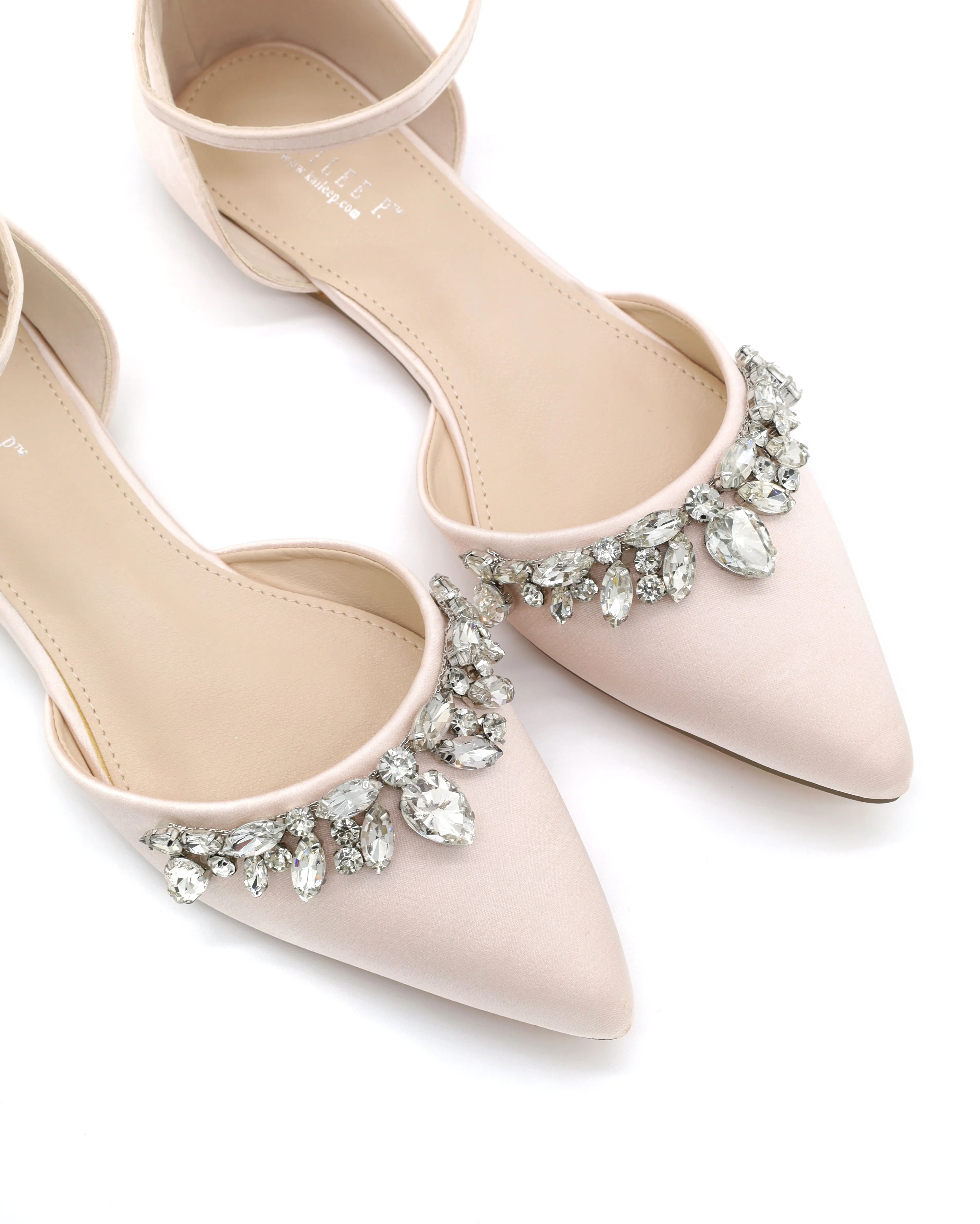 Satin Pointy Toe Flats with Teardrop Rhinestones Embellishments