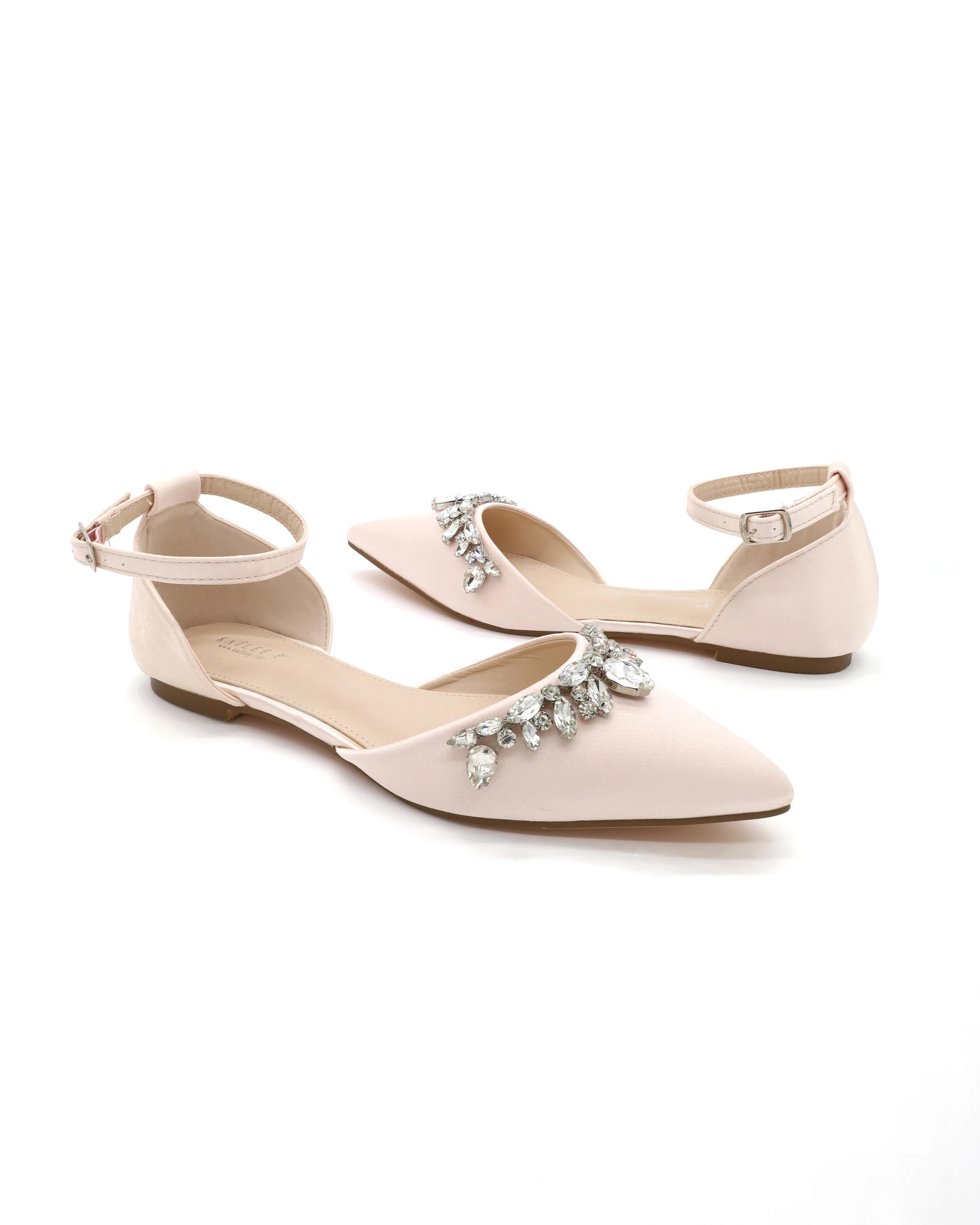 Satin Pointy Toe Flats with Teardrop Rhinestones Embellishments