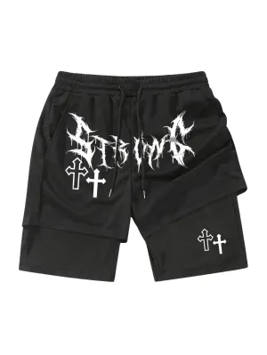 SHENHE Mens Graphic Shorts with Liner Cross Print Drawstring 2 in 1 Goth Gym Track Shorts Black X-Small