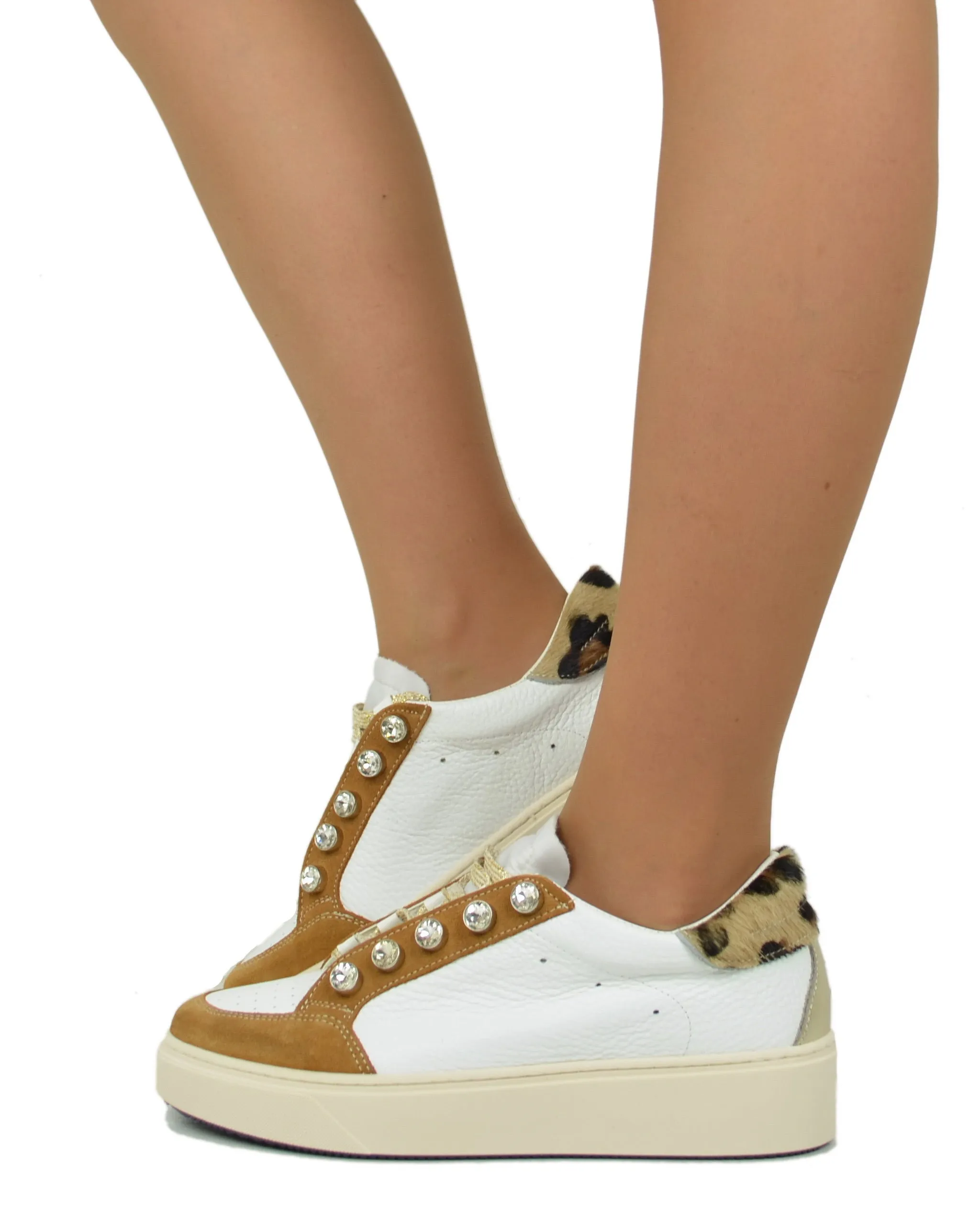 Sneakers con Bottoni Leopardate in Pelle e Camoscio Vera Pelle DIVINE FOLLIE